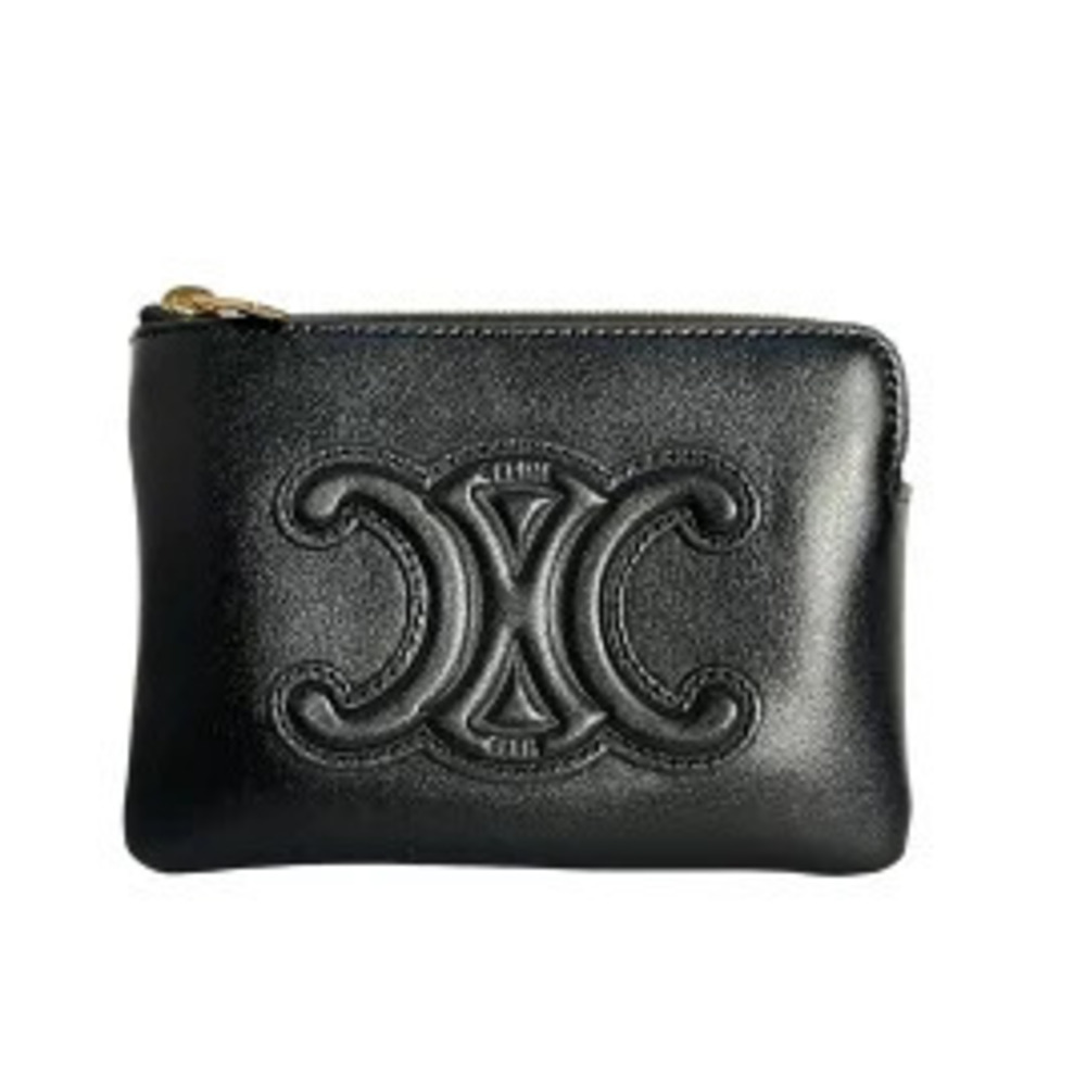 Celine Coin Card Pouch Clutch Cuir Triomphe Case Key Ring Black Leather